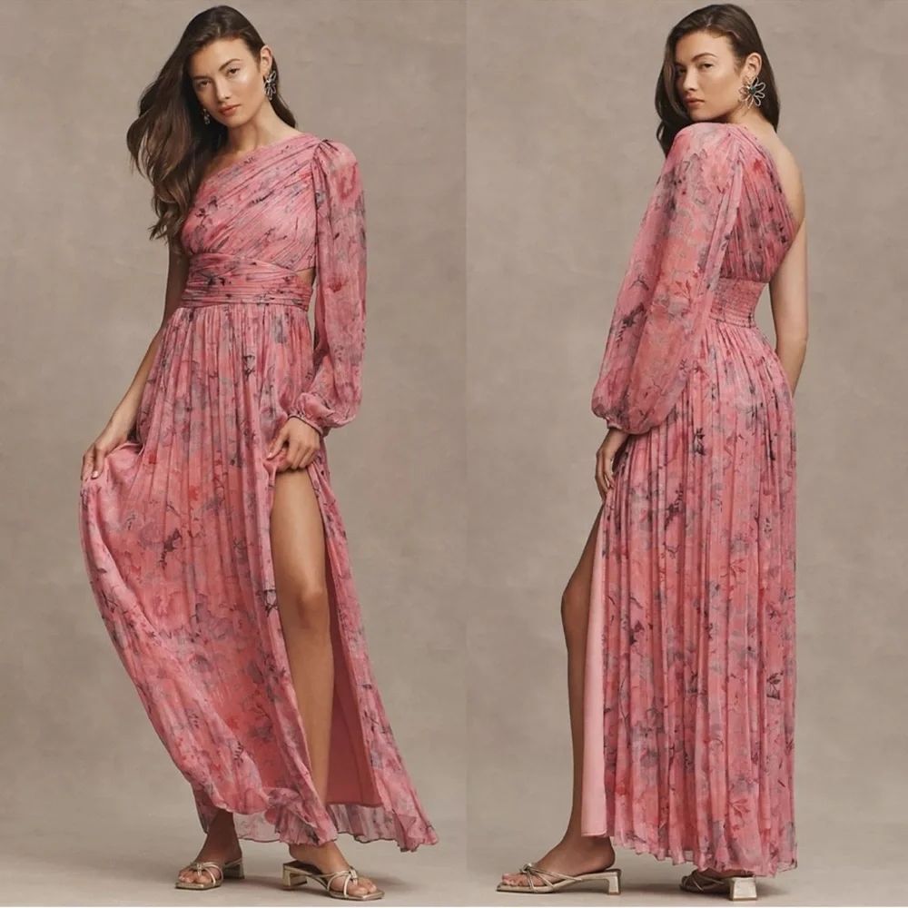 BHLDN Anthropologie Iris One Shoulder Cutout Printed Chiffon Maxi Dress Gown
H4